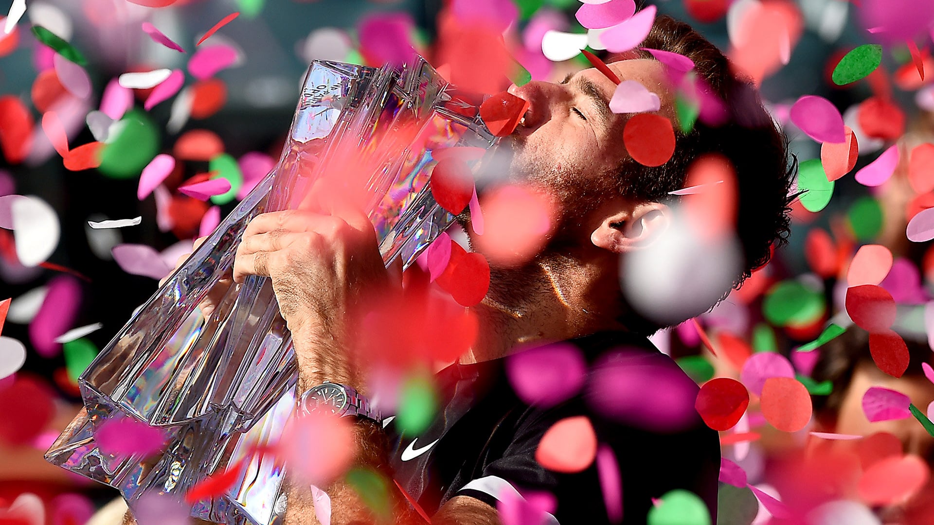 Juan Martín Del Potro celebra en Indian Wells 2018, su único Masters 1000 y último trofeo como profesional (Crédito: Reuters)