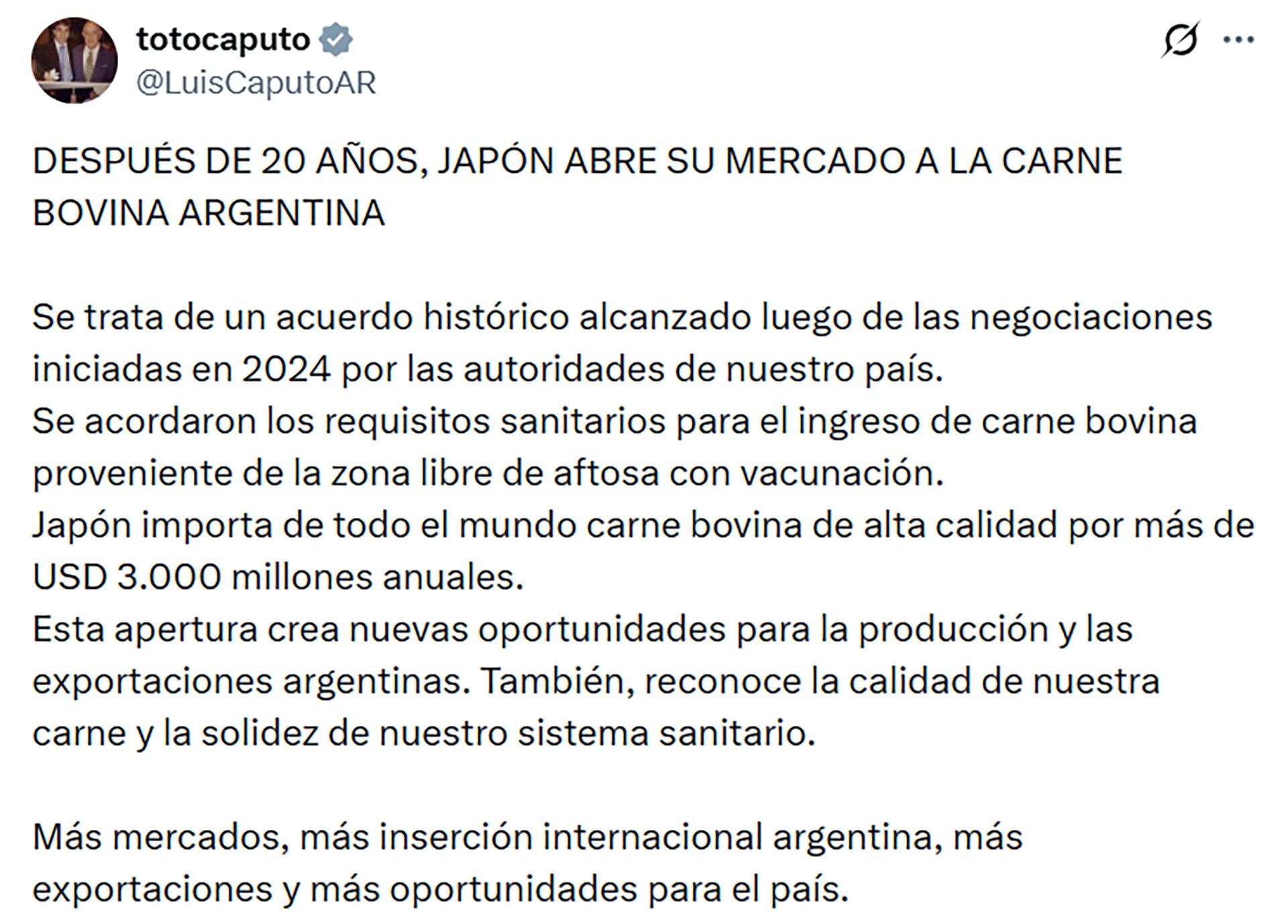 El Gobierno anunció que la Argentina volverá a exportar carne a Japón después de 20 años