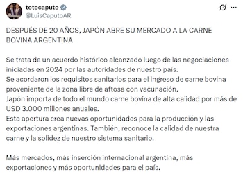 Captura de pantalla de una publicación en X de la cuenta totocaputo sobre la apertura del mercado de carne bovina en Japón