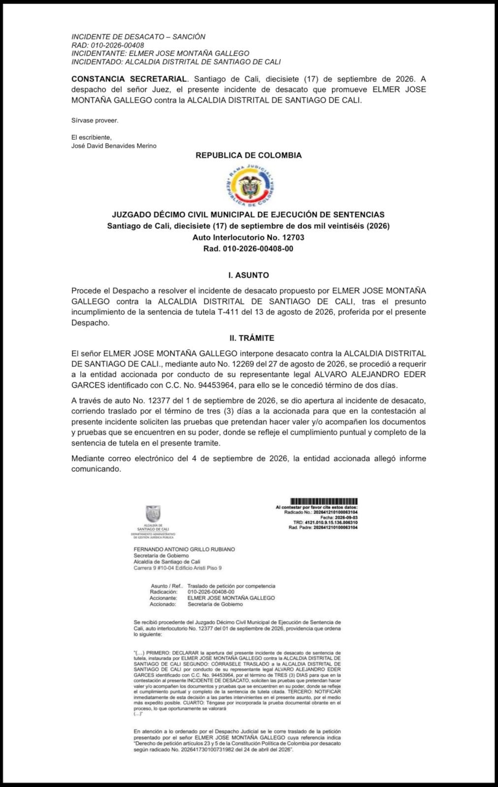 El incidente de desacato surgió por una tutela del 13 de agosto de 2026 que ordenó a la Alcaldía de Cali responder de fondo un derecho de petición presentado en abril - crédito X