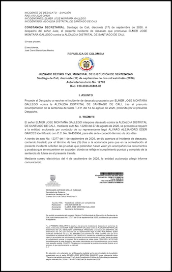 El incidente de desacato surgió por una tutela del 13 de agosto de 2026 que ordenó a la Alcaldía de Cali responder de fondo un derecho de petición presentado en abril - crédito X