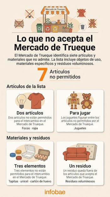 Infografía sobre el Mercado de Trueque con ilustraciones de focos, ropa, juguetes, tapitas, recipientes de unicel, cartones de huevo y muebles.