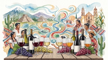 Botellas y copas de vino, uvas rojas y verdes, personas en trajes tradicionales, pirámides, iglesia colonial, montañas, cactus y mazorcas.