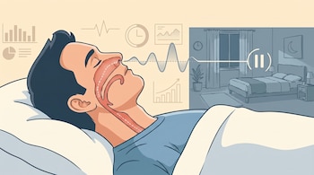 Ilustración de una persona durmiendo en una cama, con el sistema respiratorio y la interrupción del flujo de aire resaltados. Se observan gráficos de datos de sueño y una habitación.
