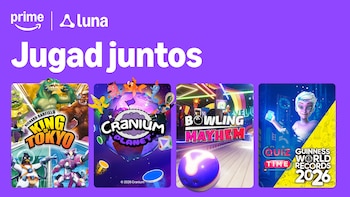 Cartel publicitario de Amazon Luna en fondo morado con la frase Jugad juntos y portadas de cuatro videojuegos ilustrados