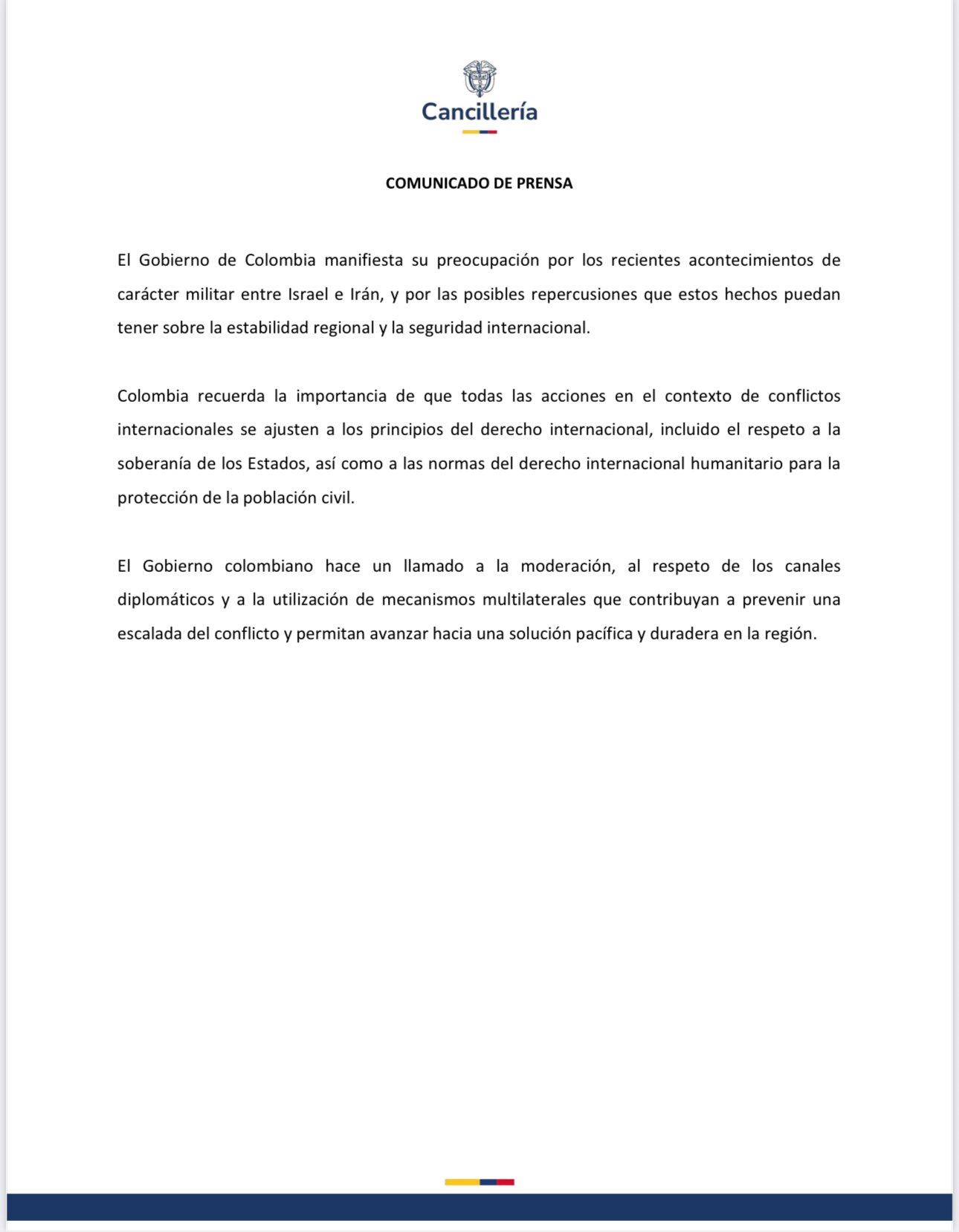 La Cancillería de Colombia expresó su preocupación por conflicto entre Irán e Israel - crédito @CancilleriaCol/X