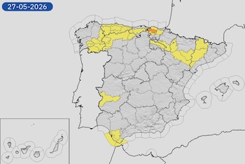Mapa de alertas meteorología para este miércoles, 27 de mayo de 2027. (Aemet)