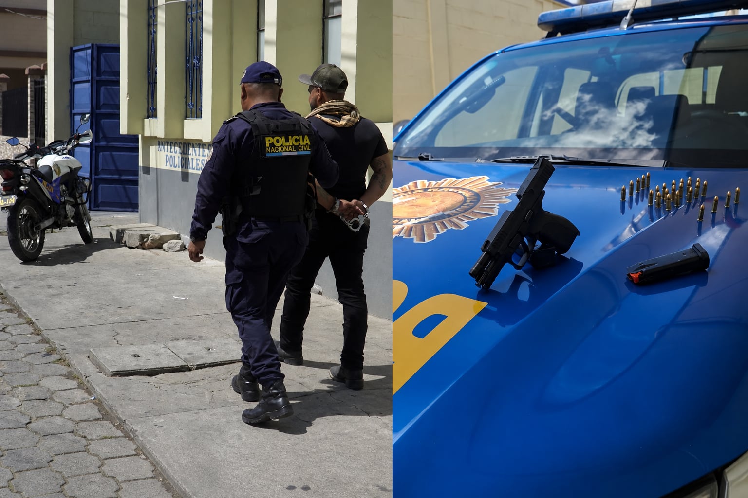 Un agente de la Policía Nacional Civil traslada a un hombre esposado mientras se exhiben una pistola y municiones incautadas sobre una patrulla. (Imagen Ilustrativa Infobae)