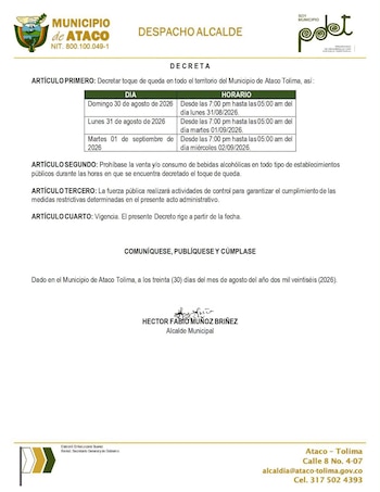 La Alcaldía de Ataco decretó toque de queda nocturno y prohibió la venta y el consumo de alcohol para controlar el orden público tras el atentado - crédito Alcaldía Municipal de Ataco / Facebook