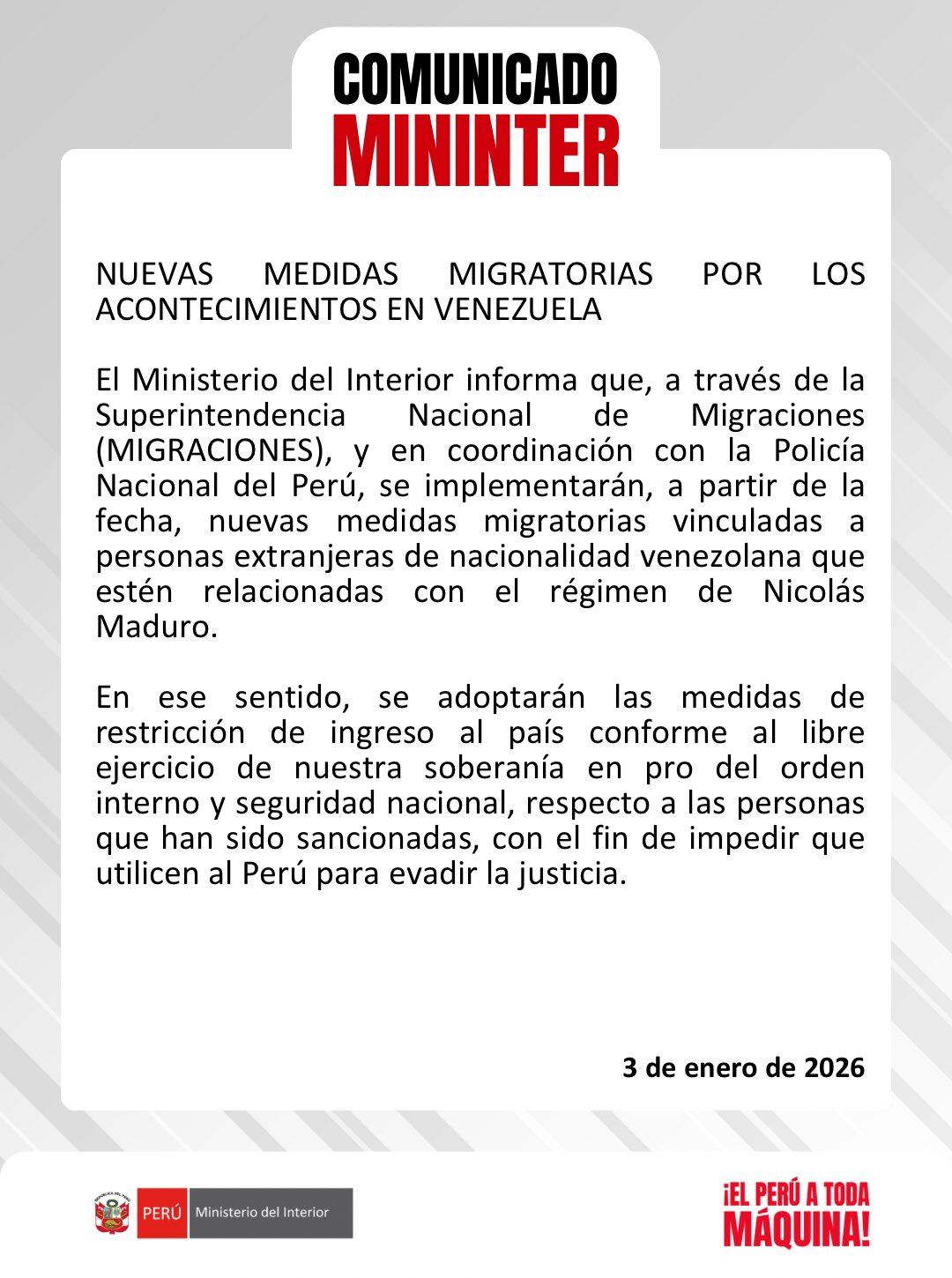 Medidas migratorias buscan impedir que venezolanos vinculados a Maduro usen Perú para evadir justicia. (Foto: X/@Mininter)