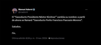 Adorni anunció que le cambiarán el nombre al gasoducto Néstor Kirchner