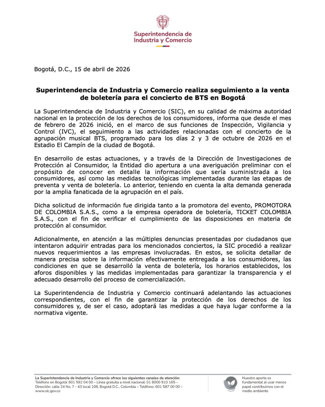 La SIC abrió una averiguación preliminar sobre la transparencia de la información y medidas tecnológicas implementadas en la preventa y venta de boletos para BTS - crédito @sicsuper / X