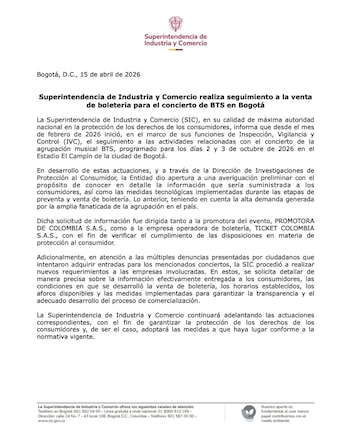 La SIC abrió una averiguación preliminar sobre la transparencia de la información y medidas tecnológicas implementadas en la preventa y venta de boletos para BTS - crédito @sicsuper / X