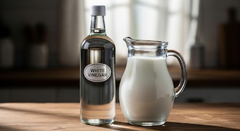 Un frasco de vinagre blanco con tapa gris y etiqueta