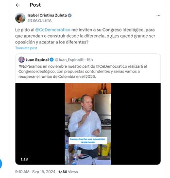 Isabel Zuleta reaccionó a una