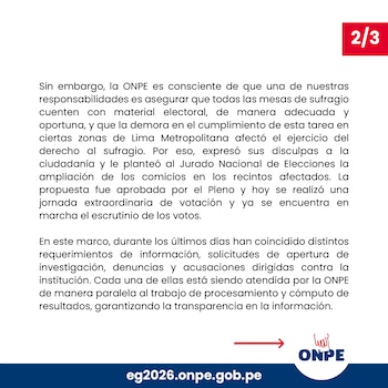 Gráfico con texto blanco de la ONPE sobre fondo azul, con "2/3" en rojo arriba y el logo de la ONPE y URL "eg2026.onpe.gob.pe" abajo