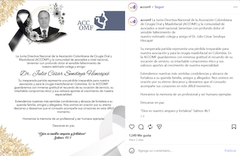 La Asociación Colombiana de Cirugía Oral y Maxilofacial expresó su pesar por la pérdida de Sendoya, destacando su compromiso ético y sus aportes al desarrollo de la especialidad en Colombia - crédito accomf / Instagram