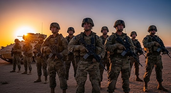 Diez militares de EEUU con uniformes de camuflaje y rifles posan en un desierto arenoso al atardecer, con un vehículo blindado detrás.