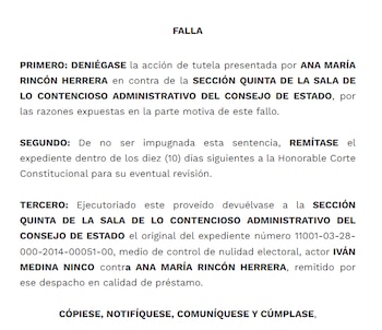 A través de la Sentencia 02793 de 2016, el Consejo de Estado denegó una tutela presentada por Ana María Rincón - crédito Sentencia 02793 de 2016/Función Pública