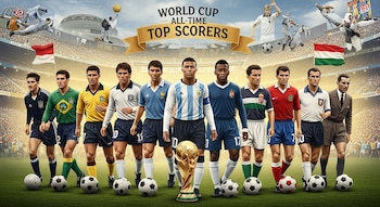 Representación de diez futbolistas históricos de la Copa Mundial, vistiendo uniformes de diferentes épocas, junto al trofeo en un estadio lleno.