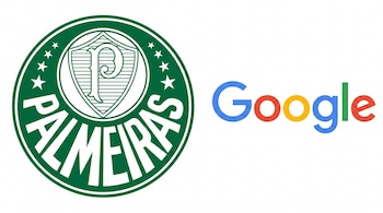 Escudo circular verde y blanco del Palmeiras a la izquierda y el logo de Google con letras multicolores a la derecha, sobre un fondo blanco.