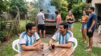 Un grupo de ocho amigos en un patio con asado. Dos hombres con camisetas de Argentina beben en una mesa. Otros dos cocinan en la parrilla; el resto conversa.