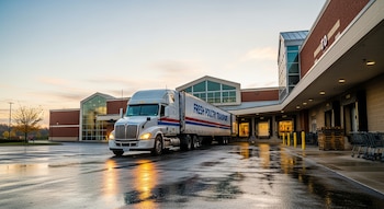 Un camión blanco con la inscripción "FRESH POULTRY TRANSPORT" en el remolque se aproxima a los muelles de carga de un supermercado al amanecer, con el suelo mojado.