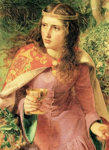 Pintura de una mujer con cabello castaño largo y rizado, una corona, un vestido violeta, una capa roja con bordados y un broche. Sostiene un cáliz dorado y una moneda