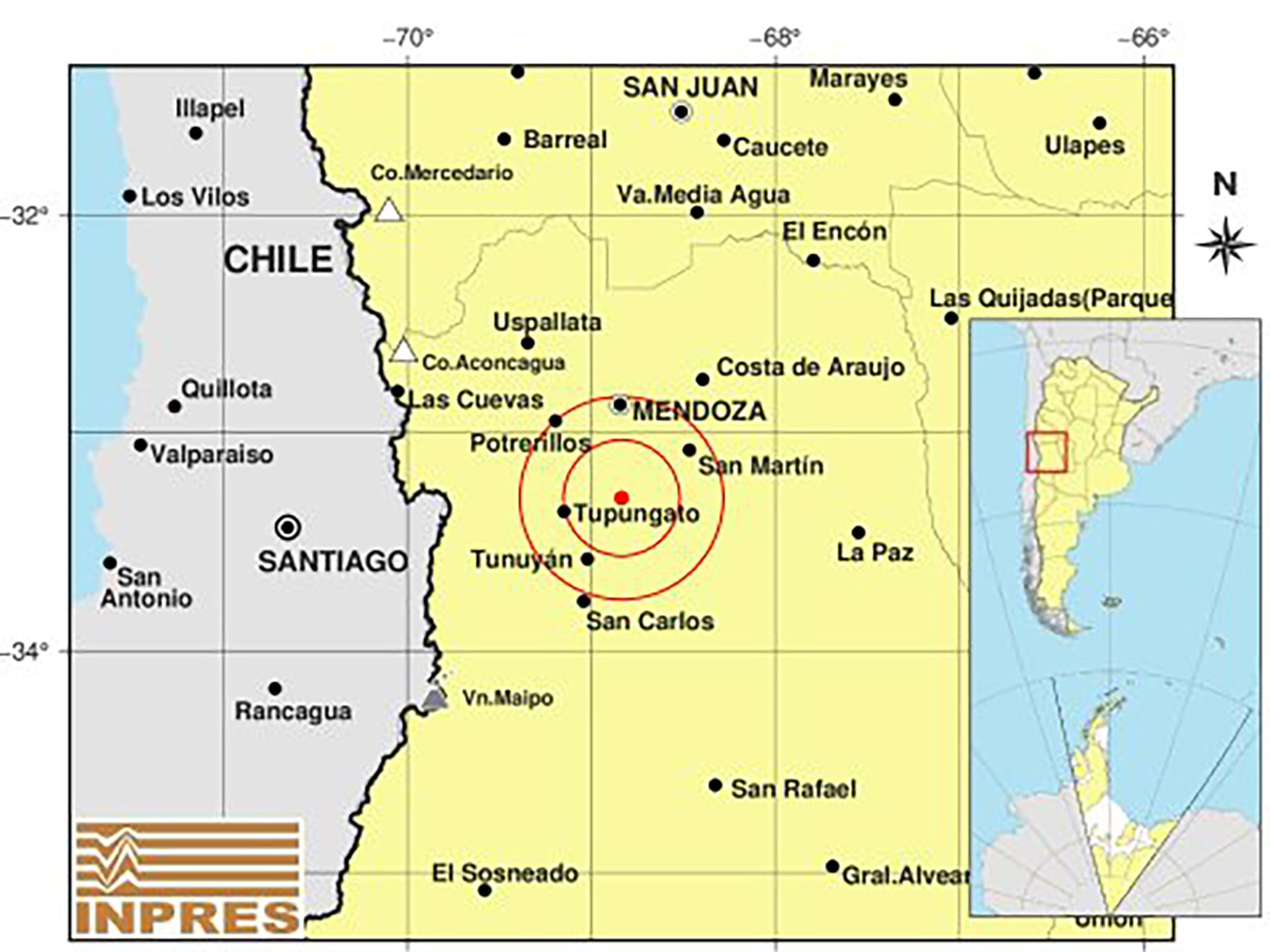Las ciudades de Tupungato y Tunuyán fueron las más afectadas por los sismos en la provincia de Mendoza. (INPRES)