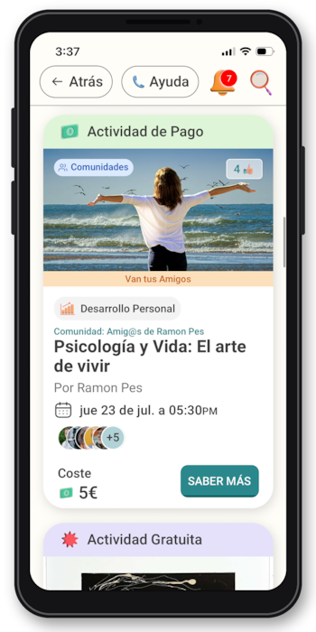 Captura de pantalla de un iPhone con interfaz de aplicación. Detalle de evento 'Psicología y Vida' con imagen de persona en la playa, fecha, hora y costo de 5 euros