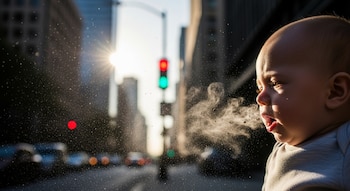 Primer plano de un bebé exhalando partículas y gases visibles en el aire, con un fondo urbano borroso que incluye edificios y un semáforo rojo/verde.