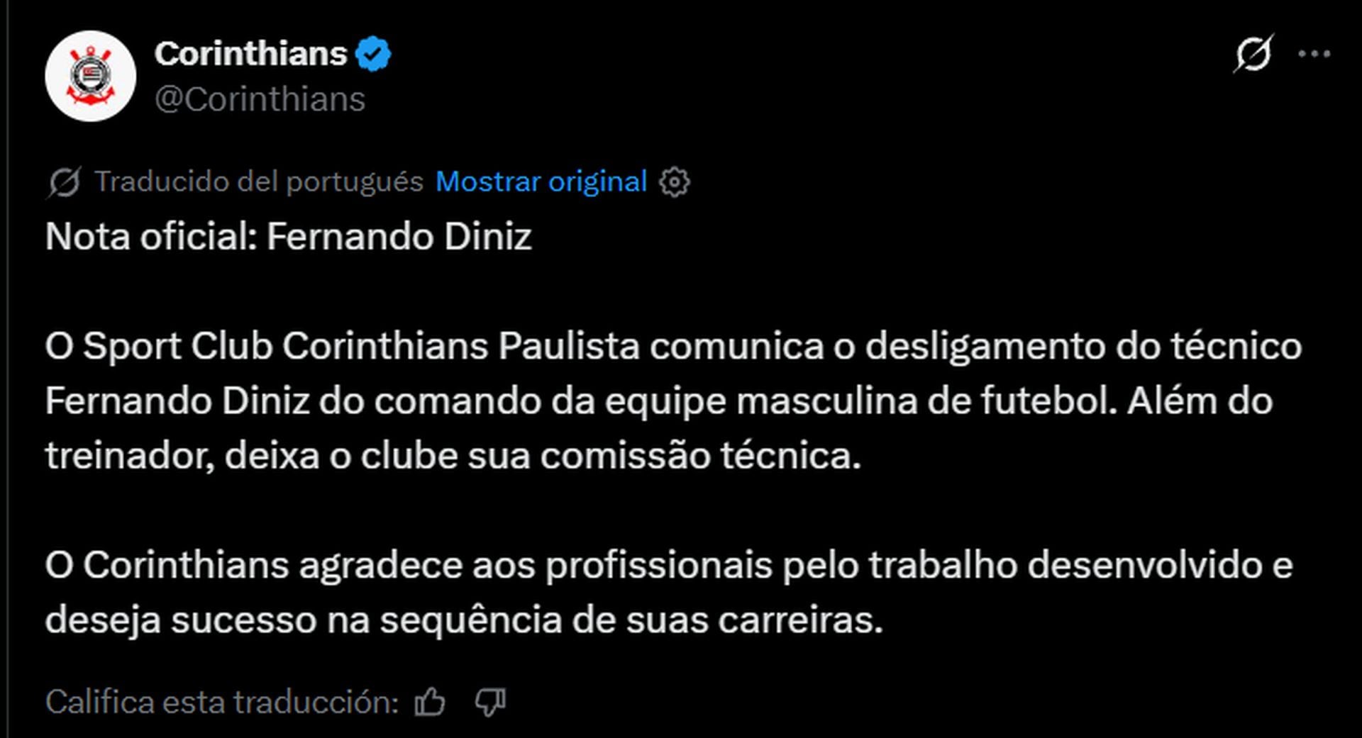 Corinthians atraviesa su momento más delicado del campeonato. La derrota ante Internacional prolongó una racha negativa que dejó al equipo muy cerca de los puestos que comprometen su permanencia. (Corinthians)