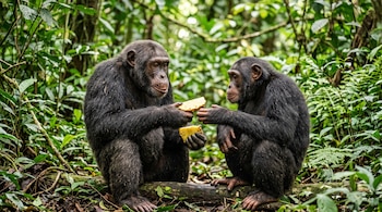 Dos chimpancés de pelaje oscuro están sentados sobre un tronco en la vegetación y sostienen trozos de piña amarilla.