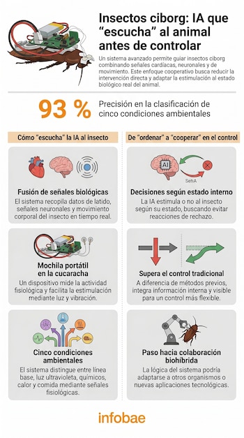 Infografía detallada de una cucaracha ciborg con un dispositivo electrónico y diagramas que explican la fusión de señales biológicas para su control por IA.