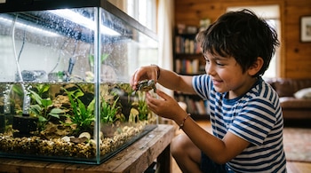 Un niño con camiseta a rayas sostiene una tortuga pequeña con las manos junto a una pecera con agua, plantas y piedras.