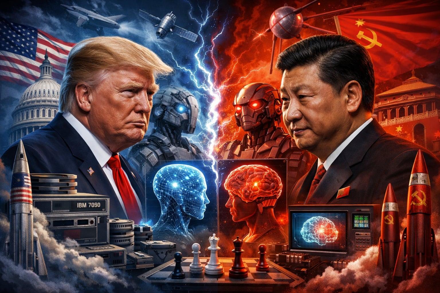 Donald Trump y Xi Jinping se enfrentan simbólicamente en un tablero de ajedrez, representando una nueva Guerra Fría por la supremacía en inteligencia artificial y tecnología. (Imagen Ilustrativa Infobae)