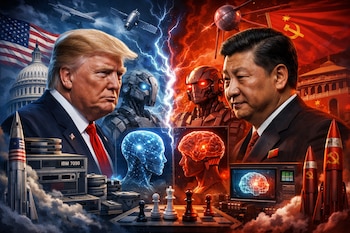 Trump y Xi Jinping con elementos de robots, misiles, IA y ajedrez en fondos de EE.UU. y China.