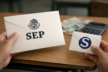 Close de duas mãos segurando um envelope, um marcado como SEP e outro marcado como USICAMM; No fundo, a fatura e a calculadora não estão focadas.