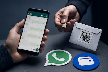 Unas manos sostienen un teléfono móvil, una tarjeta SIM y un sobre con un código QR junto a los logotipos de WhatsApp y un monedero digital.