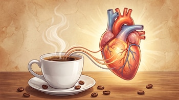 Una taza de café humeante en un plato con granos de café sobre una mesa de madera, conectada por tubos a un corazón humano, con fondo de papel.