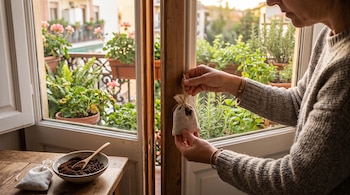 Manos de una persona sujetan un saquito de tela en una ventana, junto a una mesa con un cuenco de café molido, clavos de olor y una cuchara.