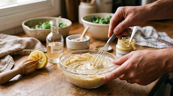 Manos que baten una salsa cremosa en un tazón de vidrio junto a un limón, un exprimidor de madera y botellas de aderezos.