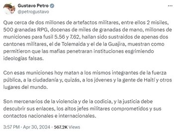 Publicación del presidente Gustavo Petro