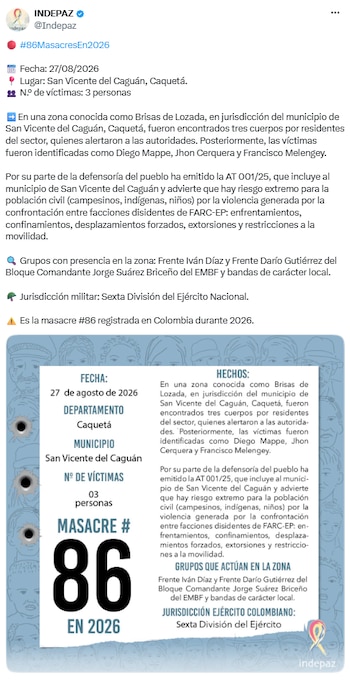 Violencia en San Vicente del Caguán deja tres víctimas y eleva preocupación por seguridad rural - crédito @Indepaz/X