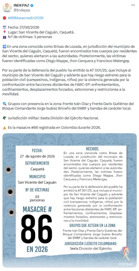 Violencia en San Vicente del Caguán deja tres víctimas y eleva preocupación por seguridad rural - crédito @Indepaz/X
