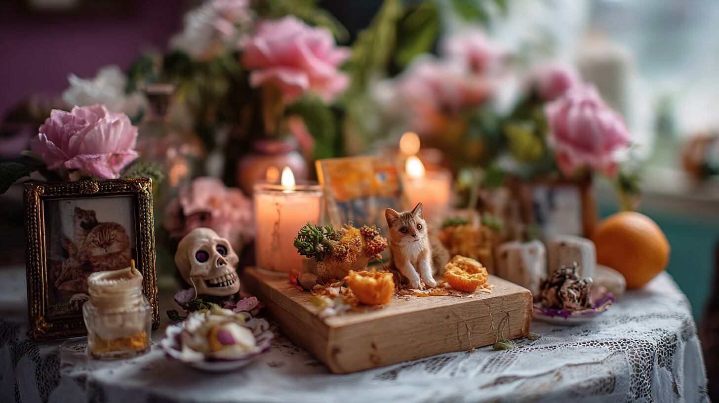 Una conmovedora ofrenda de Día de Muertos dedicada a las mascotas, decorada con figurillas de esqueletos de animales y colorido papel picado con siluetas de perros y gatos. - (Imagen Ilustrativa Infobae)