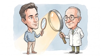 Dibujo de un hombre con suéter celeste y un espejo junto a un médico con bata blanca, gafas y una lupa grande que emite un haz de luz.