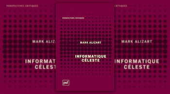 Portada de un libro granate con el título Informatique céleste y el nombre Mark Alizart, situada sobre un fondo a juego desenfocado.