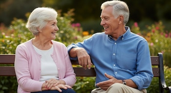 Un hombre y una mujer mayores, ambos con cabello gris, sentados en un banco de madera. La mujer sonríe mirando al hombre, que también sonríe y la mira. Fondo borroso de vegetación.