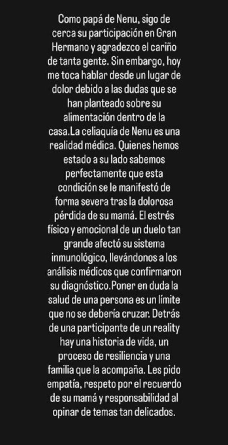 El padre de Nenu López, participante de Gran Hermano, emitió un comunicado expresando su preocupación por la salud de su hija y aclarando su condición celíaca.